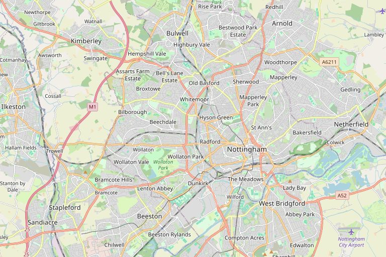 Map of Nottingham and the surrounding area