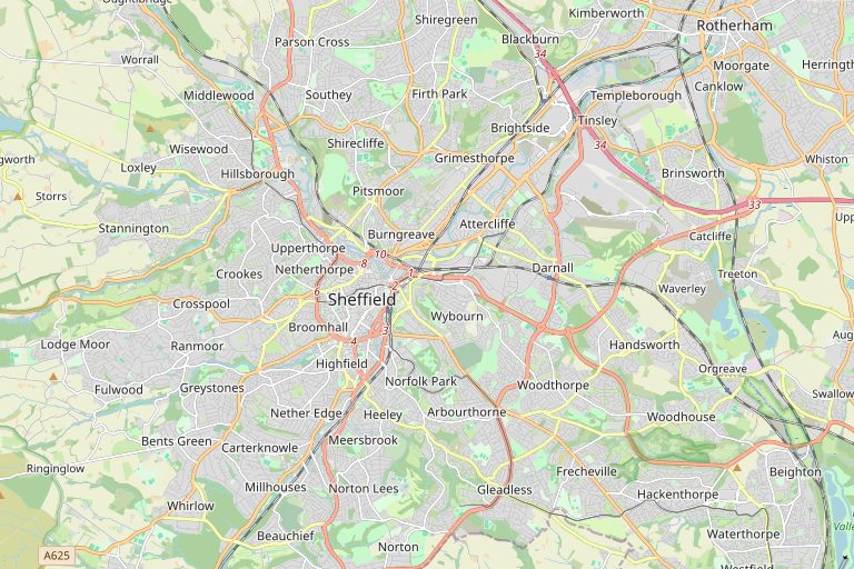 Map of Sheffield and the surrounding area